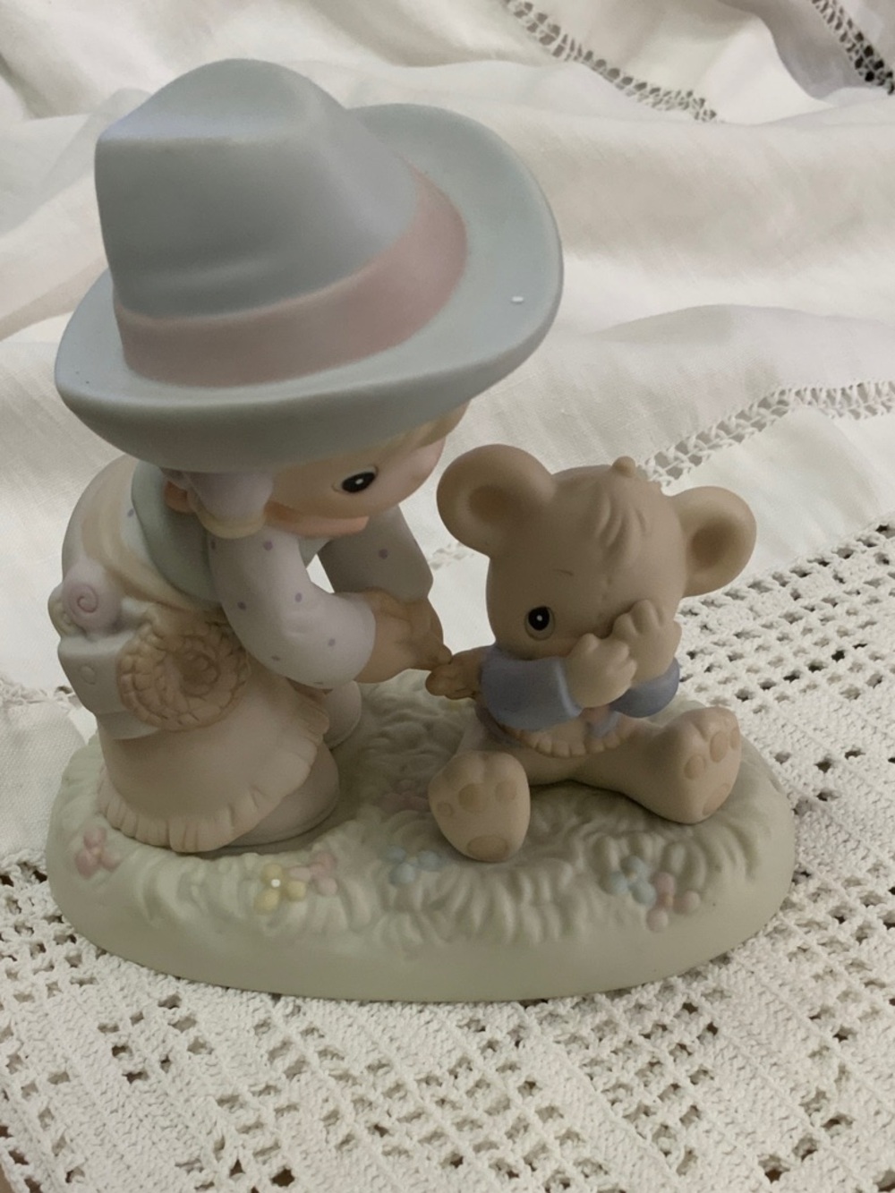 Precious Moments Figurine - Pastel Blue and Cream Child with Teddy